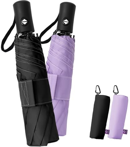 LILAC Regenschirm Klein Stabil Windfest, 110cm Taschenschirm Auf-Zu-Automatik, Kompakter Reiseschirm mit Klettverschluss & Karabiner, Leicht Faltschirm für Damen Herren