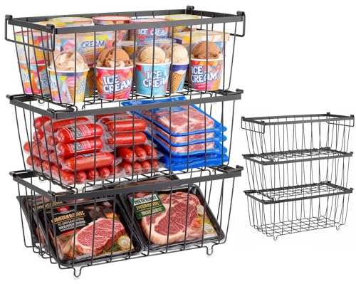 3 Pack Chest Freezer Organiser Baskets, Stackable Metal Wire Storage Baskets for Freezer, Kitchen, Pantry and Refrigerator Organization