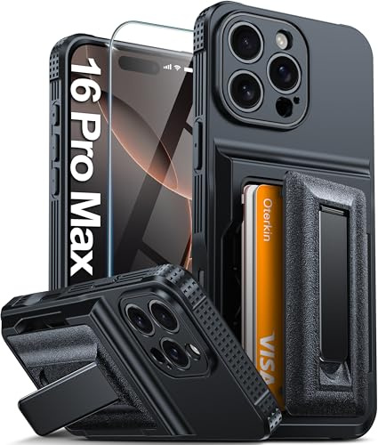 Oterkin for iPhone 16 Pro Max Wallet Case | Screen Protector | Stand, Black | 4-5 Card Holder, RFID Blocking, Metal Kickstand, Full Camera Protection | Shockproof Phone Case for iPhone 16 Pro Max 6.9