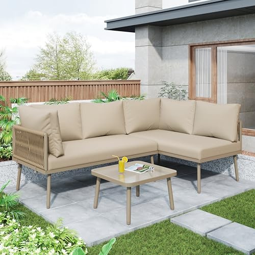 Xwiny Gartenmöbel-Set, Lounge Möbel Outdoor aus Seil, 3-teiliges, 2 Sofas und 1 Tisch, Verstellbaren Füßen, Alle Kissen Inklusive (Khaki)
