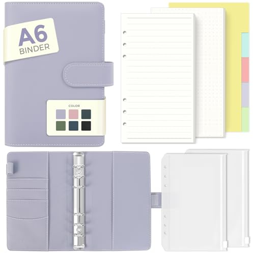 SKYDUE A6 Ringbuch, Ringbuch A6 Nachfüllbar, Gepunktet & Liniert-Notizbuch Mit mit Reißverschlusstaschen & Trennblättern, Budget Binder Für Schule, Reisetagebuch & Büro-Violett