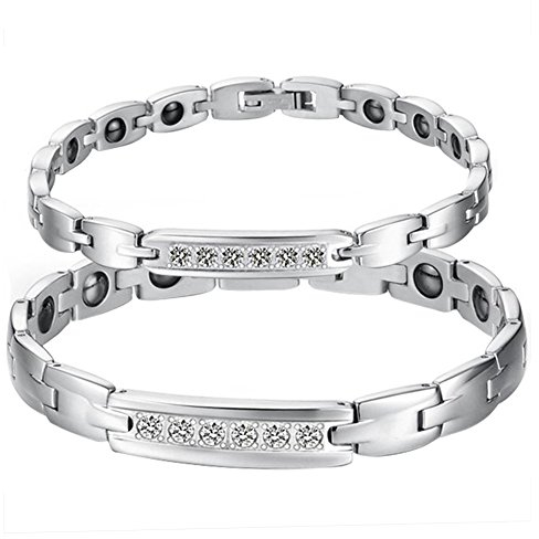 Cupimatch 2pcs Pärchen Armbänder Edelstahl: Elegant Silber Magnetarmband Set für Sie und Ihn Poliert Glänzend Armreif mit Zirkonia Freundschaftsarmband Valentinstag Geschenk für verliebte Damen Herren