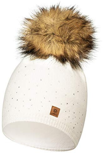 CLEOSTYLE Damenmütze Wintermütze Bommelmütze Strick Kunstfellbommel 556 (Wollweiß)