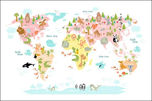 Muralo Fototapete Vlies Weltkarte, Tiere, Kinderwelt, Jugend - 90x135 cm