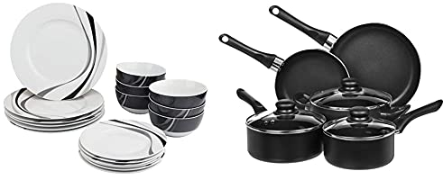 Amazon Basics Service de table 18 pièces - Tourbillon, pour 6 personnes & Batterie de cuisine anti-adhésive 8 pièces