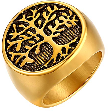 JewelryWe Lebensbaum Ringe Herren Siegelringe: Herren-Ring Edelstahl Runde Baum des Lebens Biker Ring Männer Siegelring Bandring mit Gravur Gold Schwarz Größe 54