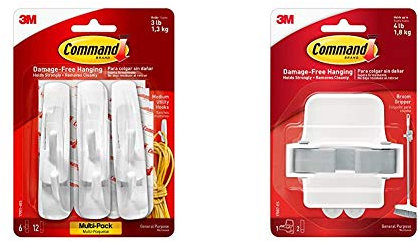 Command Medium Utility Hooks Value Pack 6 Hooks 12 Command Adhesive Strips & 17007-ES Broom Gripper (1 Hook, 2 Strips/Pack), Multi-Coloured