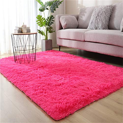 Hiser Rugs Tapis de Salon à Poils Longs Tapis de Sol Moelleux Shaggy Doux et Confortable Moderne Tapis Antidérapant Décoration Intérieure Tapis Moelleux pour Salon Chambre (Rose Rouge,60x120cm)