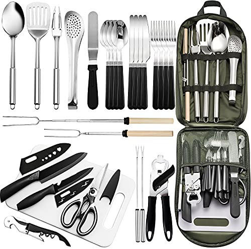 Kit portatile da 27 pezzi di pentole da campeggio – Utensili per grigliare in acciaio inox per viaggi, picnic, camper, barbecue, feste e molto altro ancora