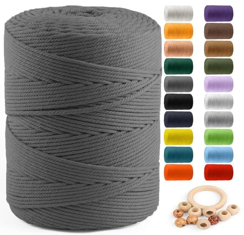 Macrame Cotton Cord 4mm x 547yds, ZUEXT Natural Handmade Gray Braided Cords 4 Strands Knitted Rope String for Craft Wall Hanging Weaving Tapestry Dream Catchers Hanger DIY Gift (500m)
