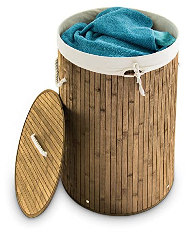 Relaxdays Wäschekorb Bambus 2er Set, faltbare Wäschetonne mit Deckel, natur | Volumen 70 l, Wäschesack Baumwolle, rund Ø 41 cm