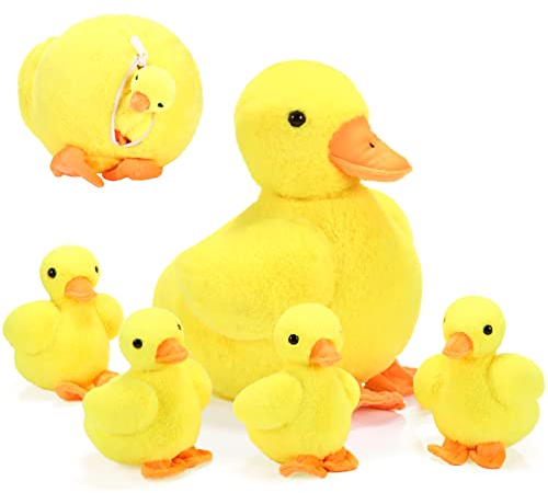 Zomiboo 5 Stück Ente Plüschtier Gelb Ente Kuscheltier mit 4 Klein Gefüllt Baby Ente Mutter Ente und Entenküken Weich Enten Stofftier Spielzeug Spielset mit Reißverschluss Tasche Geburtstagsgeschenk