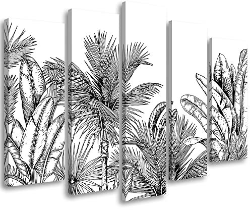 Feeby Impression sur Toile Intissee 150x100 cm Esquisse Tropiques 5 pièces Tableaux Image Photo Décoration Murale Artistique Photographie Design Salon palmiers feuilles jungle noir et blanc