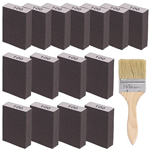 Glarks 16Pcs 100 Grit Sanding Sponge Kit 15Pcs 10x7x2.5CM Washable and Reusable Sanding Blocks and 1Pc Paint Brush Ideal for Wood Working, Drywall Metal Polishing