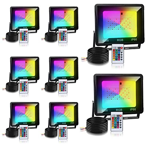 Tubiaz Faretto RGB LED con Telecomando, 8 Pack 50W Proiettore LED Colorato 16 Colori 4 Modalità Dimmerabile, Modalità di memoria, IP66 Impermeabile per Giardino Festival (Senza Spina)