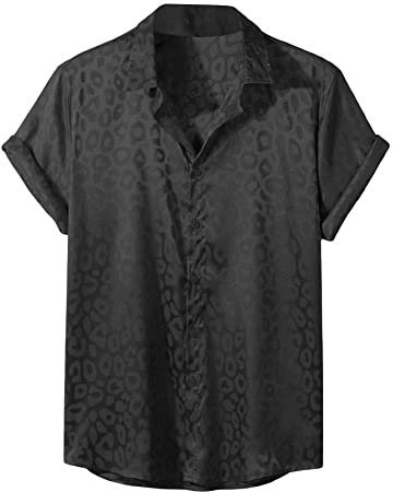 Falainetee Men's Satin Leopard Print Short Sleeve Button Down Lapel Collar Silk Shirts Top, Black, XL