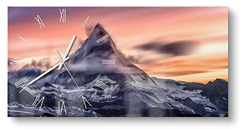 DEQORI Glasuhr | vertikal 60x30 cm | Motiv Sonnenaufgang Matterhorn | große XXL Design Uhr aus Glas | leise Wanduhr für Wohnzimmer & Küche | moderne Hingucker Uhr für die Wand