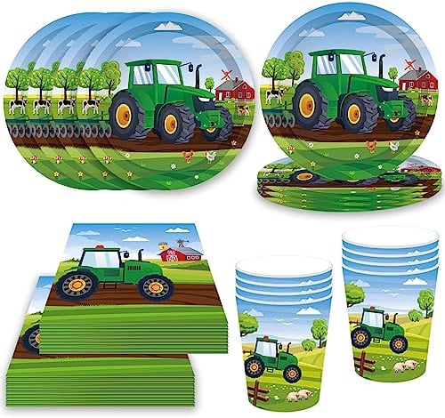 Bikasun Traktor Partygeschirr Kindergeburtstag Party Geschirrset Geburtstag Pappbecher Pappteller Servietten Tassen Papiergeschirr 16 Gäste, Geburtstagsdeko für Jungen Mädchen Partyzubehör (Grün)
