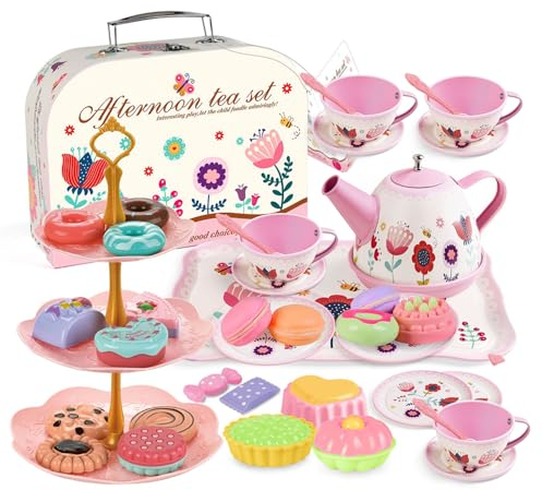Fivtsme Juego de Té Infantil, 46 PCS Juego de Té Juguete con Maleta, Juego de Té Para Niños, Juguete de Té Juegos de Imitación, Juegos de Simulación de Cocina, Juguete Regalo para Niñas 3 4 5 6 7 Años