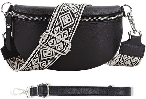 Blade Bauchtasche Echtleder, Stylische Gürteltasche Damen mit 2 gemusterten und Leder abnehmbaren & verstellbaren Breiten Gürteln, Crossbody Bag, Hochwertige Brusttasche für Frauen