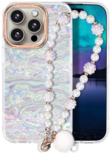 Compatible with iPhone 15 Pro Max Case for Women Girls, Slim Fit Glitter Cute Phone Case for iPhone 15 Pro Max with Pearl Phone Charm Lanyard Wrist Strap, Hard Protective Case 6.7 Inch Shiny White