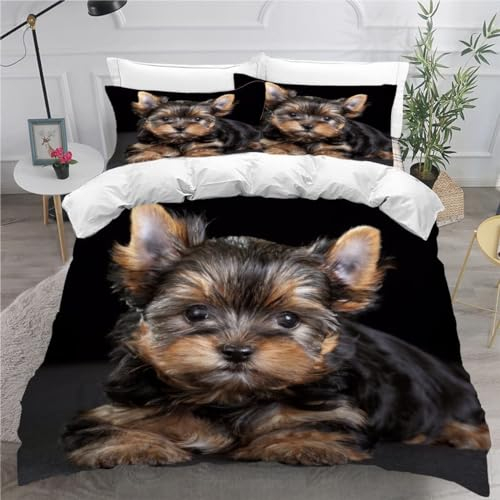 MEVASA Bettwäsche 135x200 Yorkshire-Terrier Bettwäsche-Set 3 Teilig 3D-Druck Tiere Hunde Bettbezug 135x200 mit Reißverschluss Weiche Mikrofaser Kinderbettwäsche mit 2 Kissenbezug