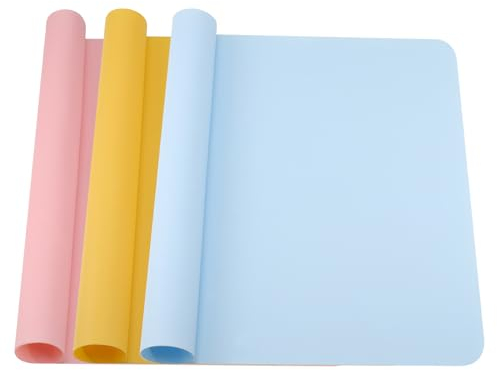 Kssvzz 3 PCS Tapis Silicone 40×30cm, Antiadhésif Tapis en Silicone, Tapis Table Résistant à la Chaleur Antidérapant, Tapis Silicone Resine Epoxy pour Peinture et Pétrir(Rose/Jaune/Bleu)