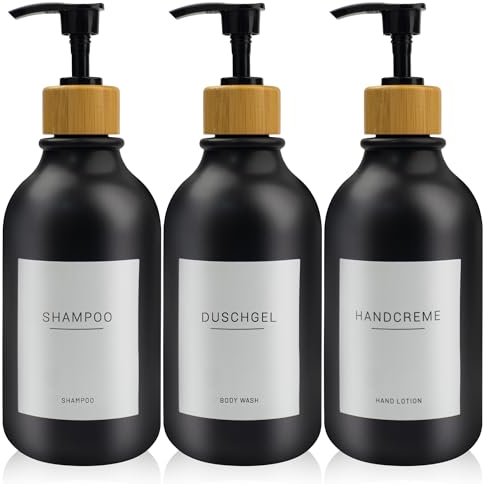 3 Stück 500ml Seifenspender mit 22 Weißen Etiketten Lotionspender aus PET-Kunststoff Leere Flasche Geeignet für Badezimmer(Schwarz)