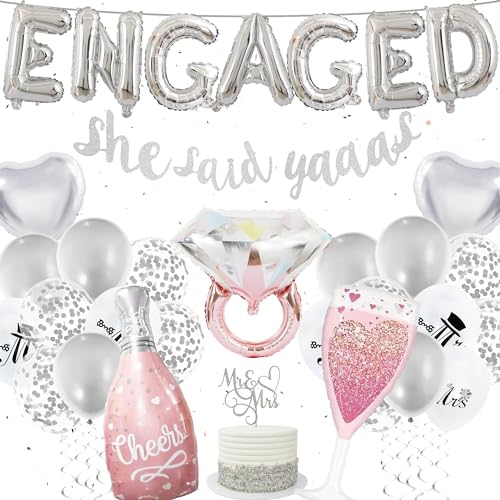Engagement Party Decorations Engaged Balloons - Silver Engaged Decorations Engaged Balloons She Said Yaaas Banner Diamond Ring Balloons Latex Balloons Cake Topper for Bridal Shower Decorations