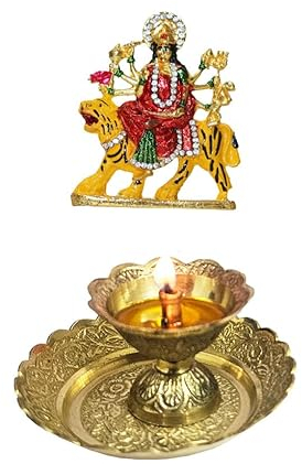 BRACOP® Durga-Statue Hindu Kali Göttin Kleines Pooja Thali Set Gravierte dekorative Puja-Platte Reichtumsschale Hindu-Gott Kali Statue Murti Puja-Artikel Buddha-Statue Hindu-Tempel Mandir-Dekor