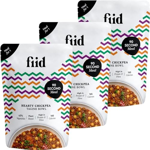 Fiid 100% Natural Vegan Microwave Ready Meals - Moroccan Chickpea Tagine Stew - 3 x 275g (Vegetarian Food Pouch, High in Fibre & Protein, Low in Sugar, Fat Free)
