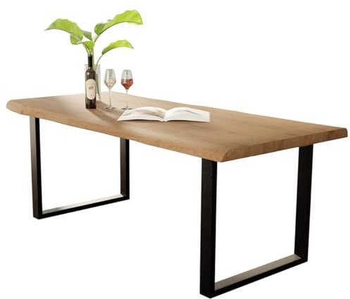 Liadomo Esstisch 200x100 Diala Natur, Baumkantentisch, Baumkante, Akazie Massivholz Tisch, 35 mm Tischplatte lackiert, Robust & Pflegeleicht, Unikat, U-Gestell Metall schwarz