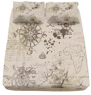 Kinder Mädchen Bettlaken Set Spannbettlaken 180x200cm Vintage-Druck Mit Nautischem Motiv 3D Weiches Spannbetttüche Atmungsaktiv Cremefarben Bettwäsche Tiefe Tasche 30 cm mit 2 Kissenbezügen