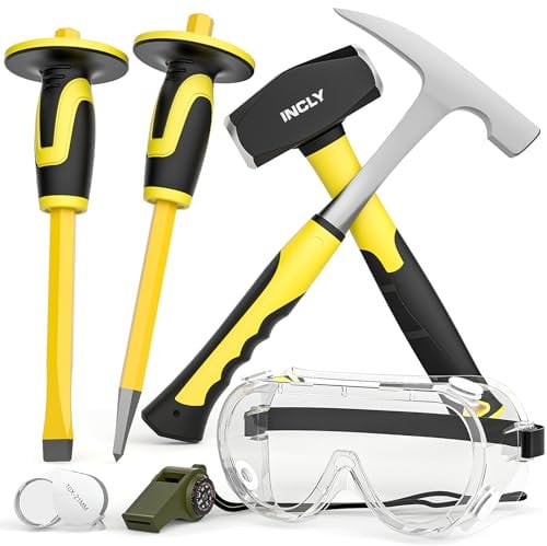 INCLY 7 Pcs Geology Rock Pick Equipment Kit, 3lb Sledge &32 oz Rock Hammer with 2PCS 12 Mason Concrete Chisel.Safety Glasses, Jewelers loupe, Tool Set for Hounding, GoldMining, Stone Breaking