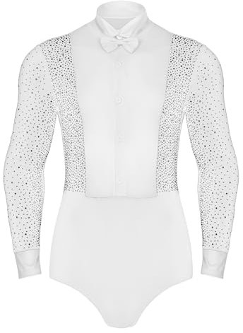 TiaoBug Herren Latein Body Langarm Hemd mit Kragen Glitzer Ballettanzug Stringbody Ballett Trikot Gymnastik Leotard Eiskunstlauf Anzug Standard Kostüm Weiß XXL