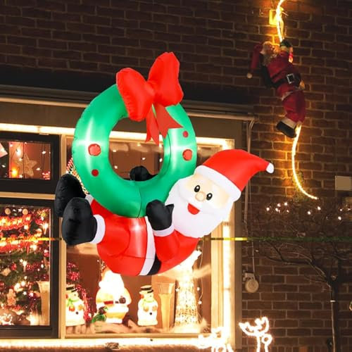 SOARS Decoration Noel, Père Noël Gonflable 120 X 50 X 120 CM avec 5 lumières LED Résistantes aux Intempéries, Couronne de Noël Porte, Fenêtre, Décoration Noel pour Extérieur & Intérieur