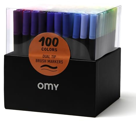 Omy Box mit 100 Markern mit Doppelspitze, eine feine Spitze und ein Ende große Spitze, ungiftig, auf Wasserbasis, schnell trocknende Tinte, in 100 lebendigen und hellen Farben