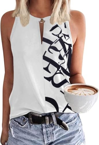 SENBATU Débardeur Femme Hauts sans Manche Chemisiers d'été décontractés à col en V À Fleurs Lettre Blanche Grand L 42-44