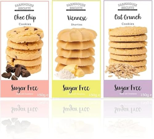 Farmhouse Sugar Free Multipack Cookies | Pack of 3 Biscuits Bundle | Available for Gifts & Hampers | Diabetic Friendly Biscuits for Friends & Family | Chocolate Chip, Viennese Shorties, Oat Crunch