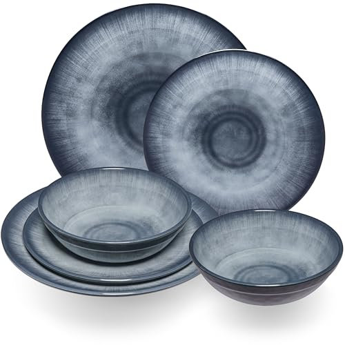 Melamin Geschirr Set Jesolo Grau für 2 Personen - 6 Teile - Steingutoptik Spülmaschinengeeignet Essgeschirr Campingzubehör Campinggeschirr Wohnwagen Camping Festival Picknick Gartenparty