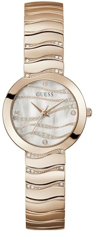 Guess Damenuhr, 30 mm, Armband aus Edelstahl in Roségold, weißes Zifferblatt, Gehäuse in Roségold