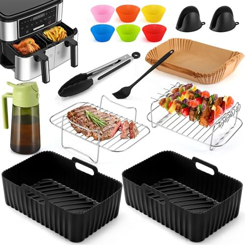 11PCS Accessoires Air Fryer, compatible avec Ninja, COSORI, Cookwise et autres friteuses à air 8,5L-9,5L à double zone, inclut moules en silicone, grilles, pulvérisateur d'huile, gants, pinces, etc