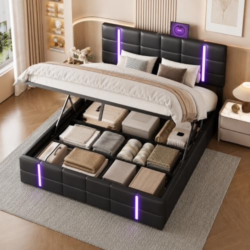 PerGar Doppelbett Polsterbett 140x200 mit LED Beleuchtung, Ladestation, Bett mit Stauraum und Kopfteil, Stauraumbett mit Bettkasten und Lattenrost aus Holz, PU, Ohne Matratze, Schwarz