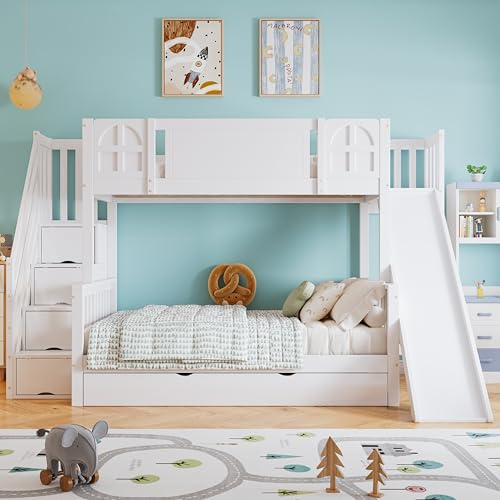 Litera, cuna con ventana, con tobogán infantil, cajones con ruedas, escaleras con pasamanos, con 4 armarios en la escalera, diseño versátil, amplio espacio de almacenamiento, pino+MDF, blanco, 90 x