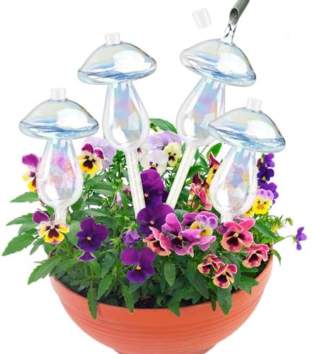 YANXINKE 4 Stück Bewässerungskugeln Glas, Bunte Glas Pflanzenbewässerungskugeln, Bewässerungskugeln für Pflanzen, Wassertropfen Pilz Selbstbewässernde Glühbirnen für Zimmerpflanzen, Garten