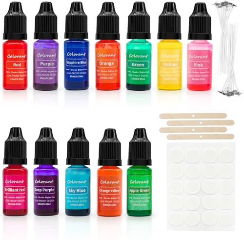 12 Farben flüssige Kerzenfarbe, je 10 ml, für Soja-, Paraffin,Bienenwachs | Einfach dosierbar | zum Einrühren in geschmolzenes Wachs | für DIY-Kerzen, Adventsdeko und kreative Geschenkideen