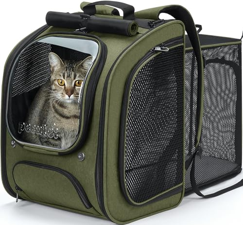 Pecute Katzenrucksack,Rucksäcke für Hunde,Ergonomie,Grün | Erweiterbar,Sonnenschutz,Sichtfenster,Sicherheitsleine,Robust,Große Netzflächen Für Luftzirkulation,Geeignet Für Outdoor