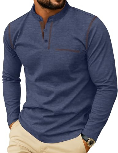 PrinStory Henley Shirt for Men Cotton Long Sleeve T-Shirt Crew Neck Classic Tee Button Top with Front Pocket