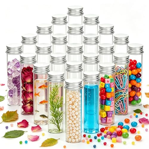 Rliocvhe 20 Pièces Tube a Essai en Verre 50ml, Tubes à Essai Transparent avec Bouchon à Vis,Bouteille Sensorielle Vide Bouchon,pour Fleurs, Bonbons, Perles, Plantes, Sels de Bain