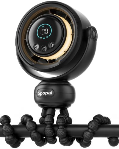 Spopal Ventilador Portátil Para Cochecito, [Luz nocturna y pantalla LED] Recargable Ventilador Silla de Paseo, 100 Velocidades, 3 Modos, 120°Rotación, 4000mAh, Para Asiento Coche, Cunas, Viaje-Negro
